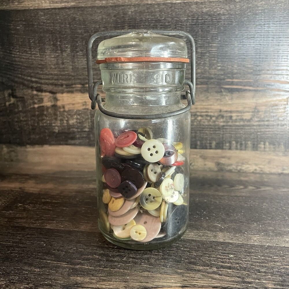Vintage Wire Bale Glass Canning Jar Filled with Assorted Vintage Sewing Buttons